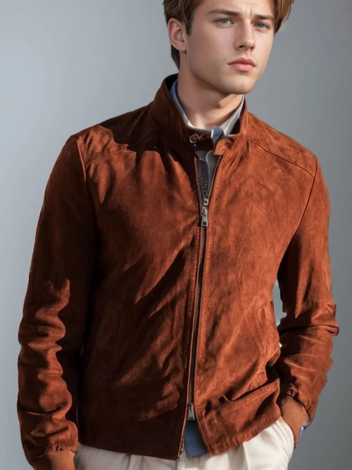

Классическая мужская замшевая куртка в винтажном стиле, стильная, молодежная, с длинными рукавами, декоративными пуговицами, прямым подолом, на все сезоны