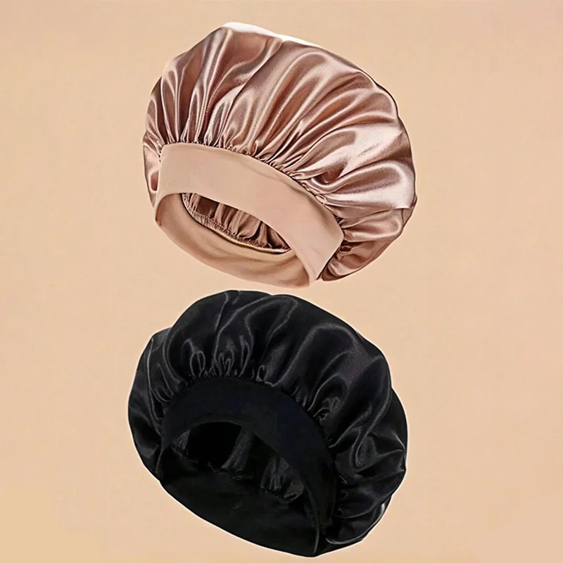 

Атласная шапочка для сна, эластичный чепчик для волос, защита от пушистости для кудрявых волос, цвет черно-золотой, для дома и ванной комнаты