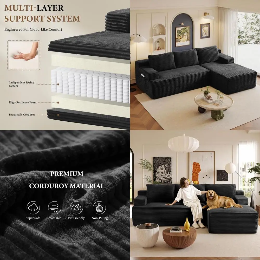 

Секционный диван 96 дюймов или диван-облако для гостиной с L-образной формой, обитый тканью, с пружинным блоком Bonel, современный секционный диван с оттоманкой (черный)