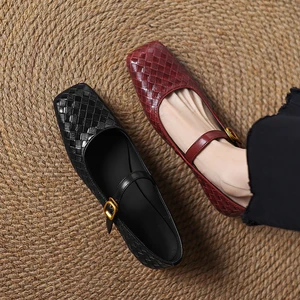 Woven Flat Bottom Mary Jane Women's Shoes Comfortable Slip-On Retro Style Low Heel Leather Interior  Sandals Casual Dressy Shoe