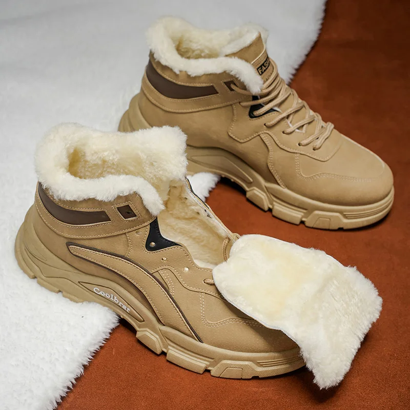 

Men's Khaki & Gray Two-Tone High-Top Sneakers-Hiking/Basketball/Fitness Use, Fleece-Lined Warm Autumn &Winter Style