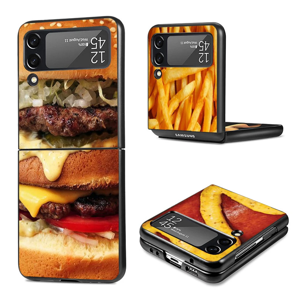 Food French Fries Beer Cheese Hard Black Cover for Samsung Galaxy Z Flip 4 3 5 5G Phone Case Flip4 Flip3 Flip5 Pattern Luxury