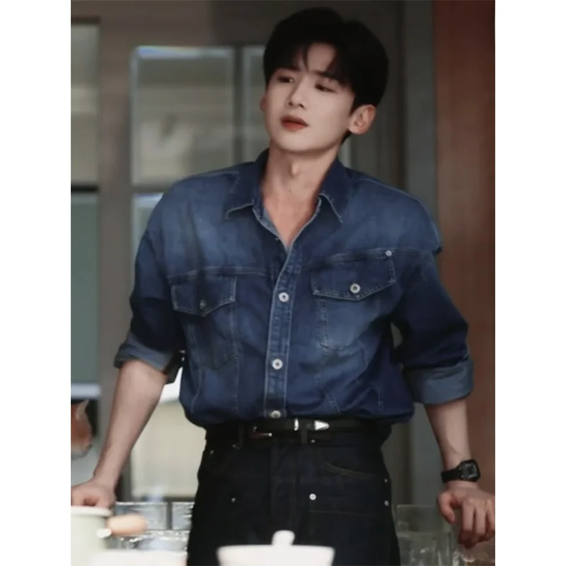 

Deep Blue Men's Denim Jacket American High Street Workwear Style Cleanfit Casual Shirt Spring Season Long Sleeve Flip Collar