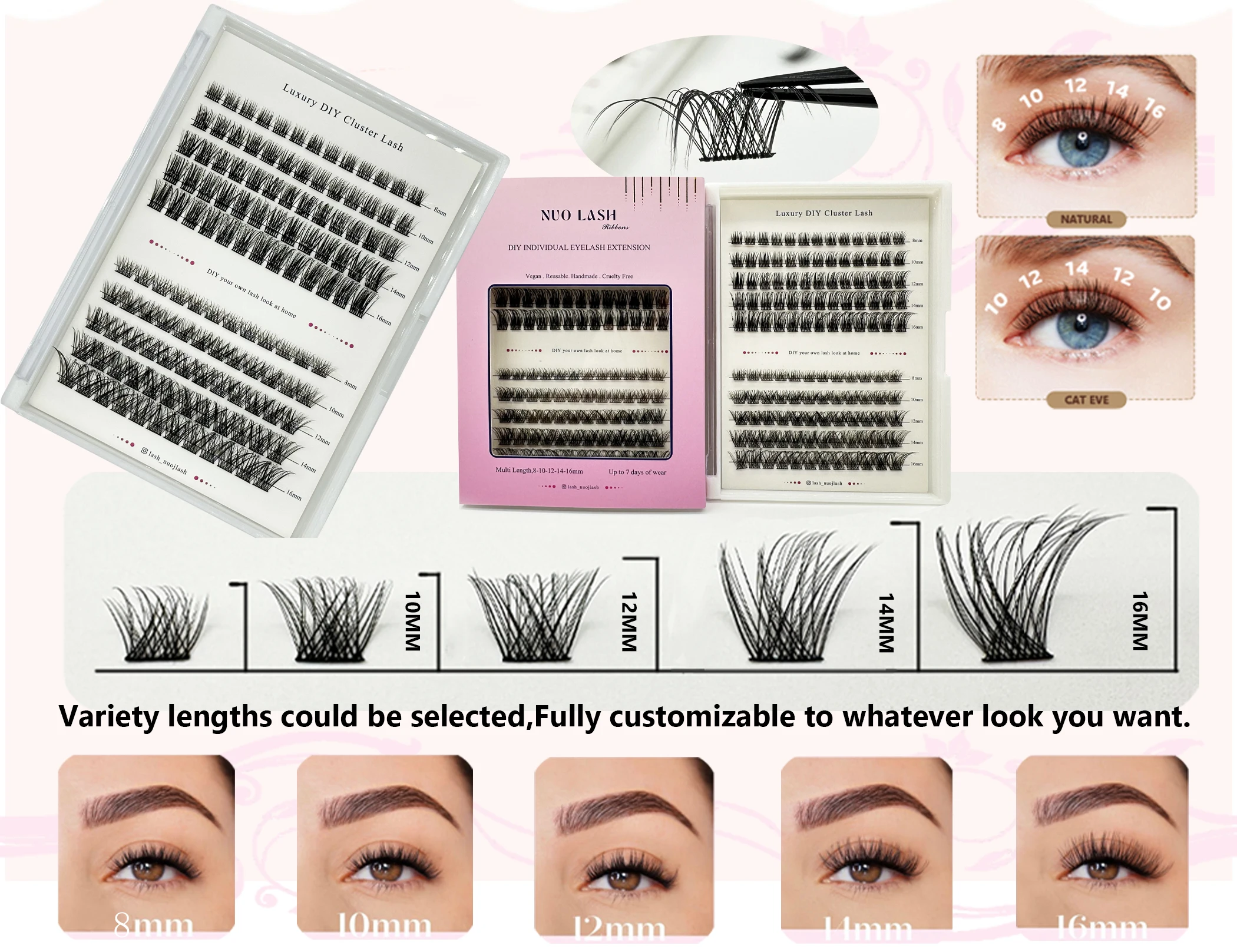 NUO Makeup Luxus-DIY-Cluster-Wimpernverlängerung, auf Kleberbasis, durchschnittliches Wimpernsegment, einzelne Wimpern, 3D-Bandwimpern, Private Label – Detail 30