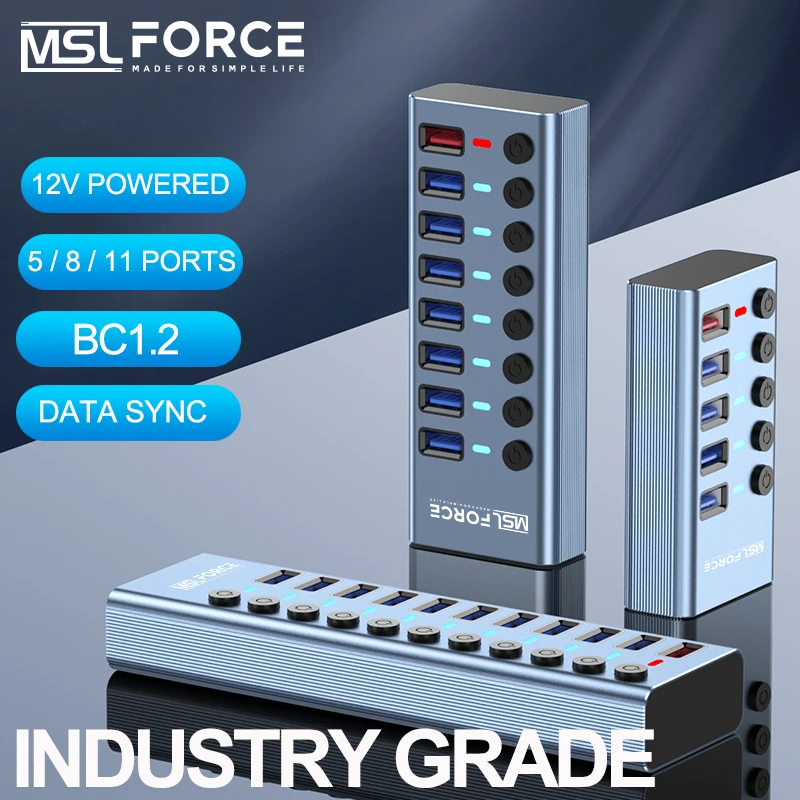 12V Powered USB3.0 Hub USB Data  4 7 10 Ports With 5V2.4A Fast Charging Phone Tablet PC And Industry Grade USB3.0 HUB