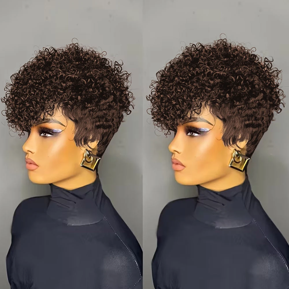 شعر مستعار أفرو غريب مجعد قصير للنساء # 4 شعر بشري ريمي 100% بني اللون، شعر مستعار أفريقي مصنوع آليًا #4