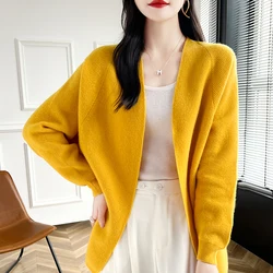 Autumn Winter Women 100% Merino Wool Cardigan Sweater Coats Fashion Female V-neck Loose Large Size Knit Jackets Casual Cardigans