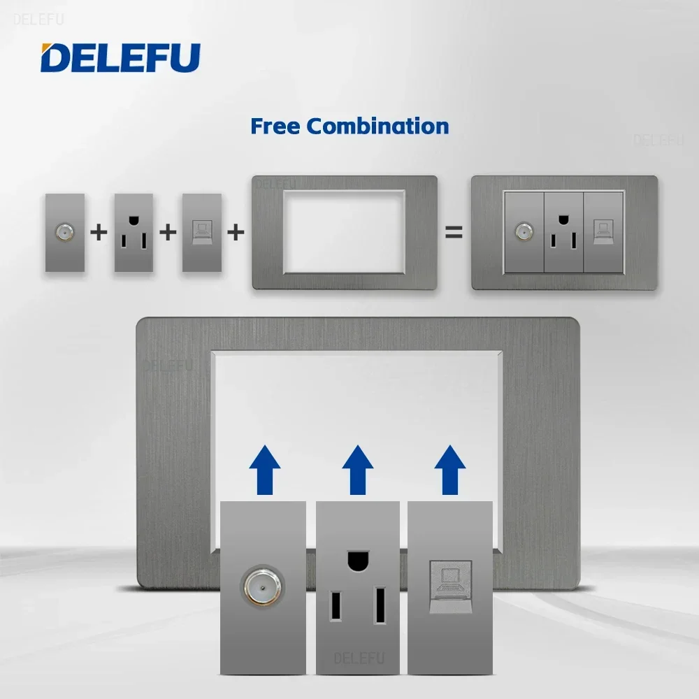 DELEFU Grey PC brushed panel American Standard series 118*74mm wall computer combination socket switch