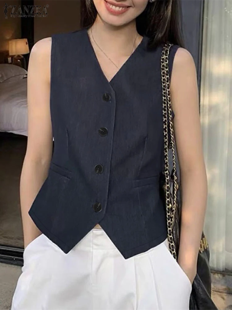 ZANZEA Elegant Women Vests Tops Casual V Neck Sleeveless Button Up Tank Tops 2024 Fashion OL Commute Solid Shirts Femininas