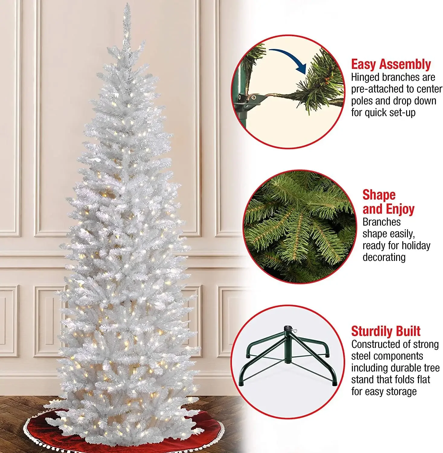 Artificial Pre-Lit Slim Christmas Tree, White, Kingswood Fir, 250 White Lights, Includes Stand, Perfect For Decor, 6.5 Feet