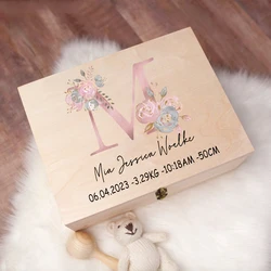 Gepersonaliseerde Baby Cadeau Aandenken Box Custom Memory Box Bloemenprint Houten Doos Pasgeboren Douche Cadeau Baby Geboorte Stats Doos