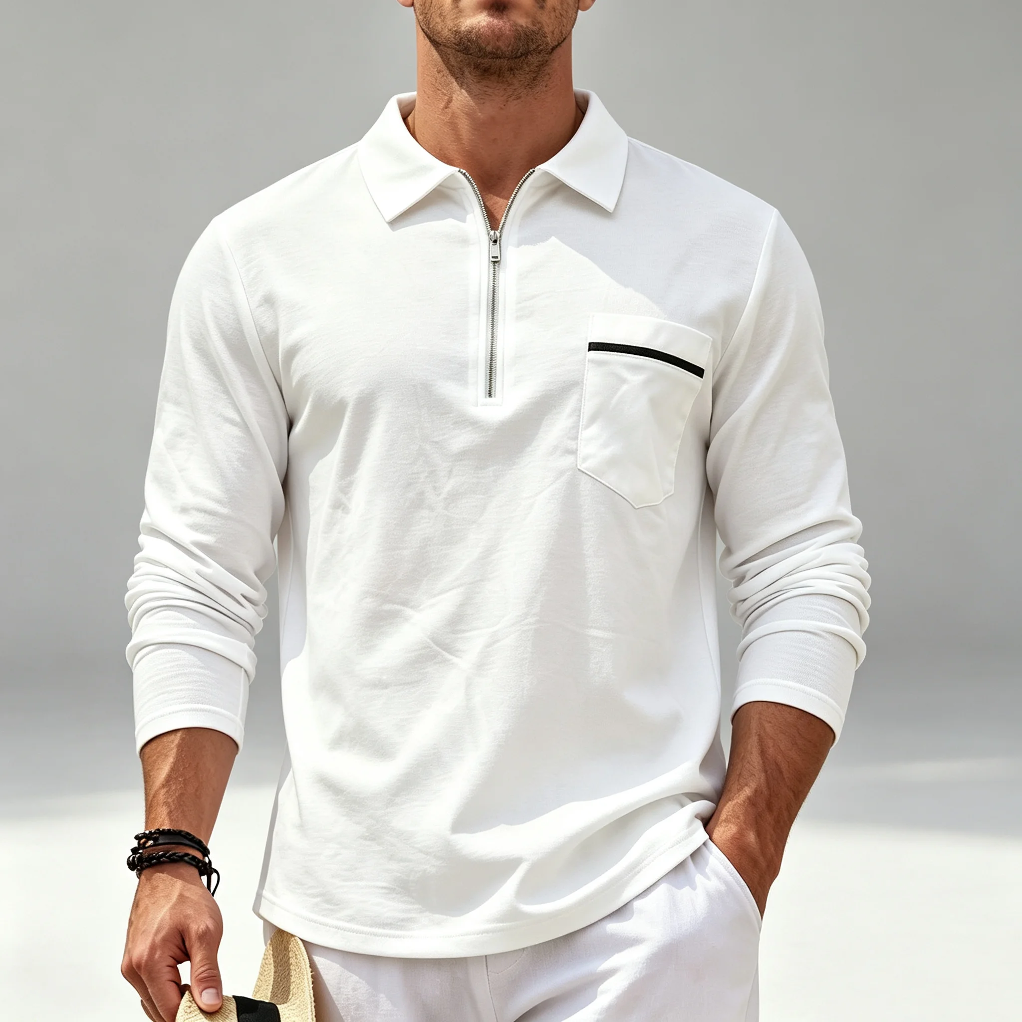 Men's Long Sleeve Polo Shirt Quarter Zip Casual Business Solid Color Pocket Pullover Tops Spring Fall