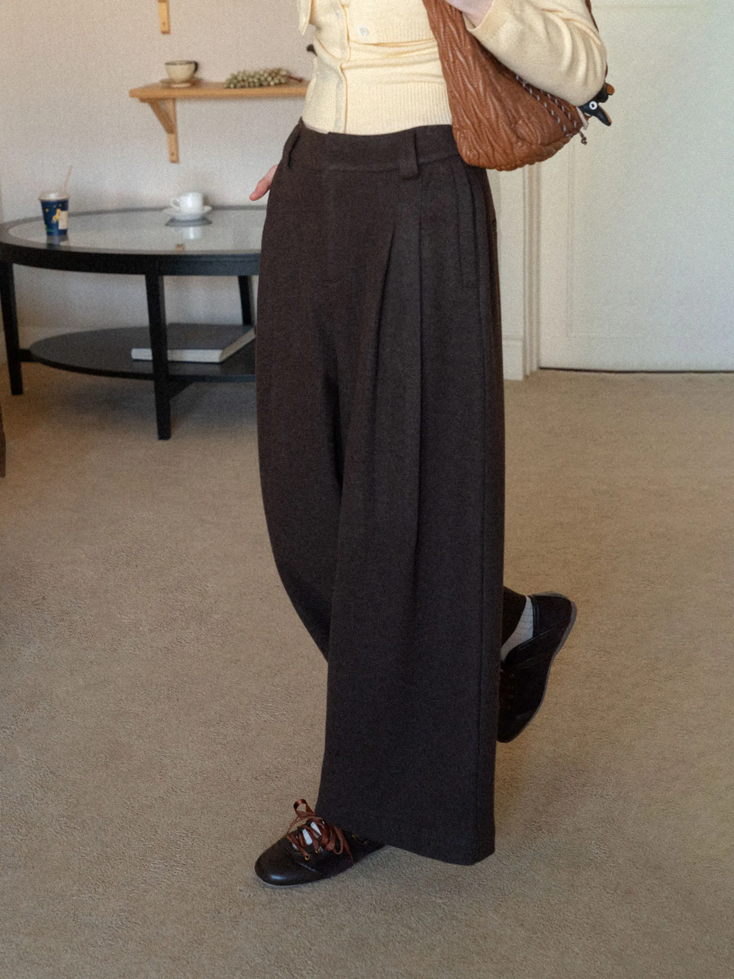 

EGGKA Women's Casual Straight Leg Pants Double Ear Pred Pleat Loose Woolen Material Autumn Winter Slimming Wide Leg Long P...