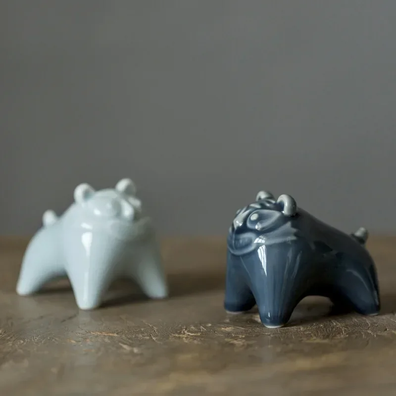 Blue Glaze Cute Tiger Tea Ornaments Tiger Decoration Ceramic Misty Blue Tea Set Accessories Decoration Tea Pet