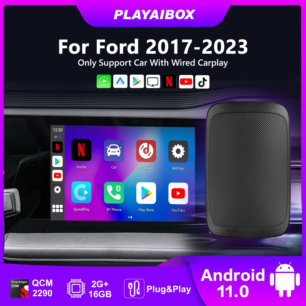 

Play Ai Box беспроводной Carplay Android Auto Android 11 для Youtube Netflix для Ford C‑MAX Flex Edge экспедиция Transit Super Duty