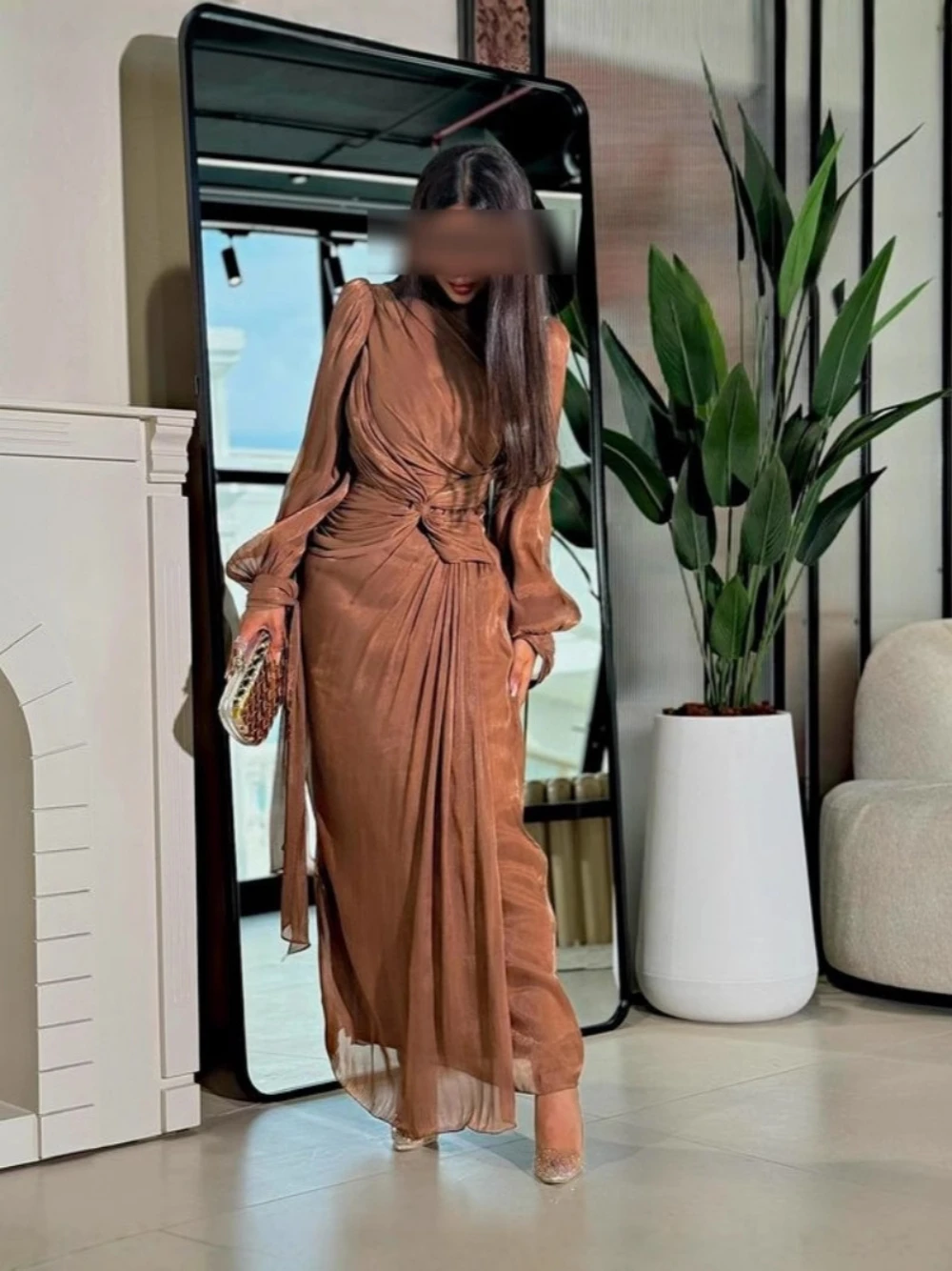 

Pleated Shiny Fabric Evening Dress Fashionable Long Sleeves Kaftan Prom Gown High Quality S-2XL Dinner Party Women Wear