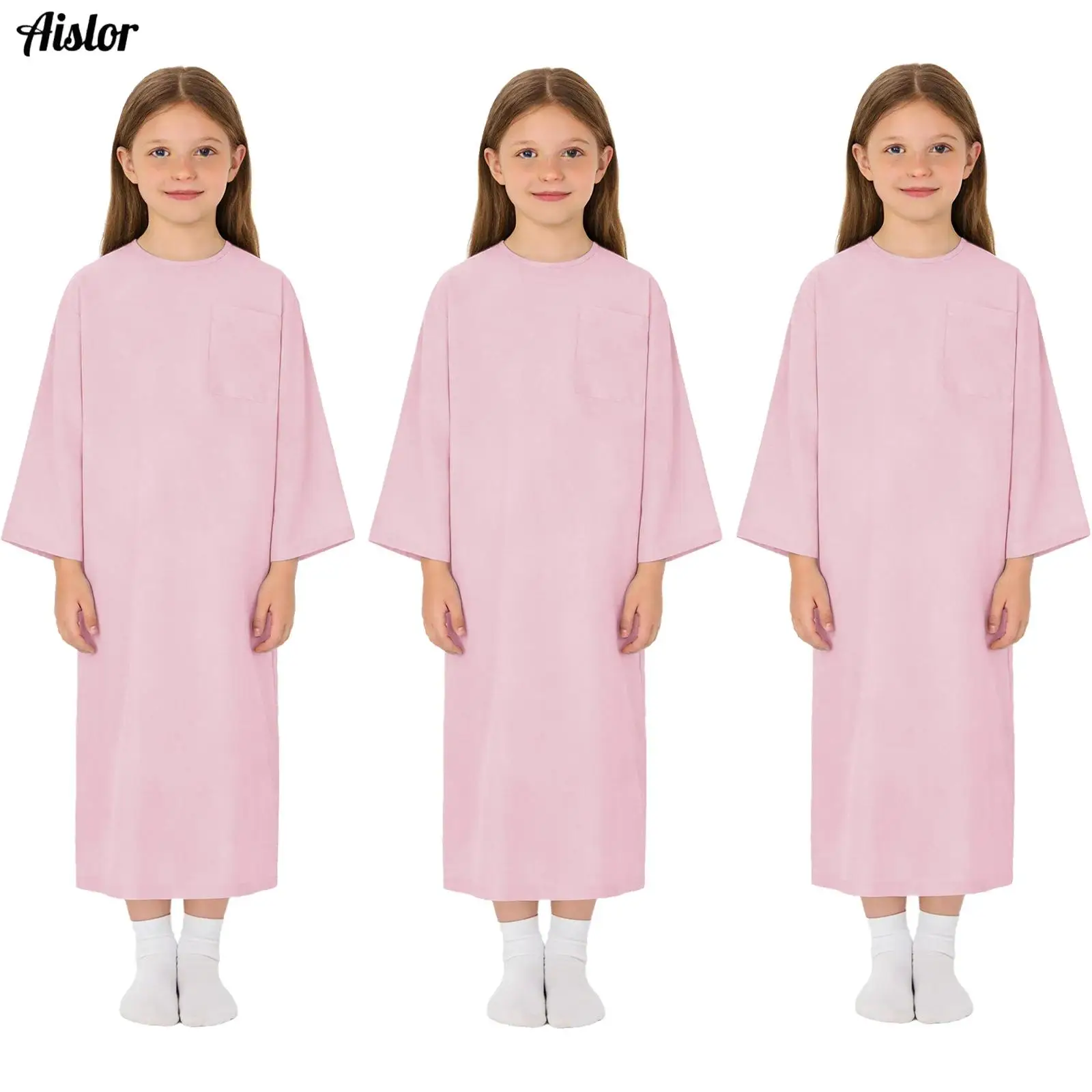 Kids Special Needs Adaptive Clothing Long Sleeve Split Hook-and-Loop Nursing Gown with Pocket for Pediatric Medical Patient 3pcs