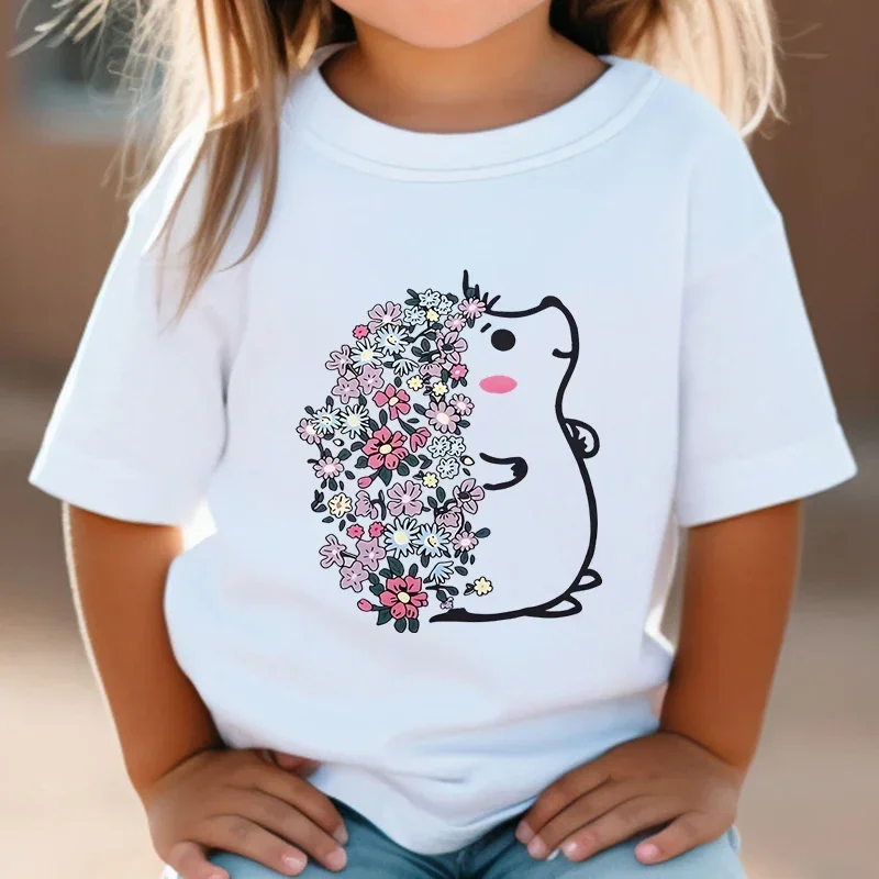 Girls Tshirt Cute Hedgehog Tshirt Kids Anime Cartoon Tops Fashion Hedgehog Flower Clothing Short Sleeve Cartoon Boy Girl T-Shirt