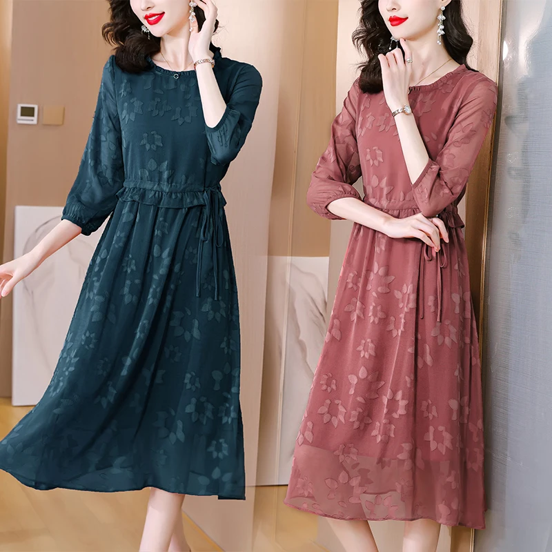 

2023 Women's Pink Jacquard Short Sleeves O-Neck Dress Summer New Mid Length Waist Waist Slim Fake Two Knee Length Skirts Robe