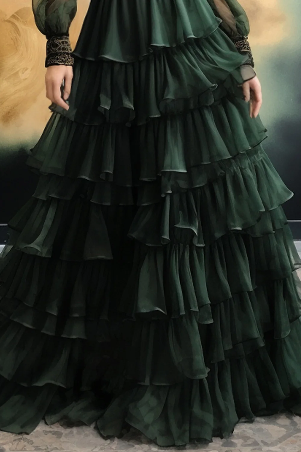 Vestido formal feminino malha verde escuro transparente manga comprida vestido maxi em camadas