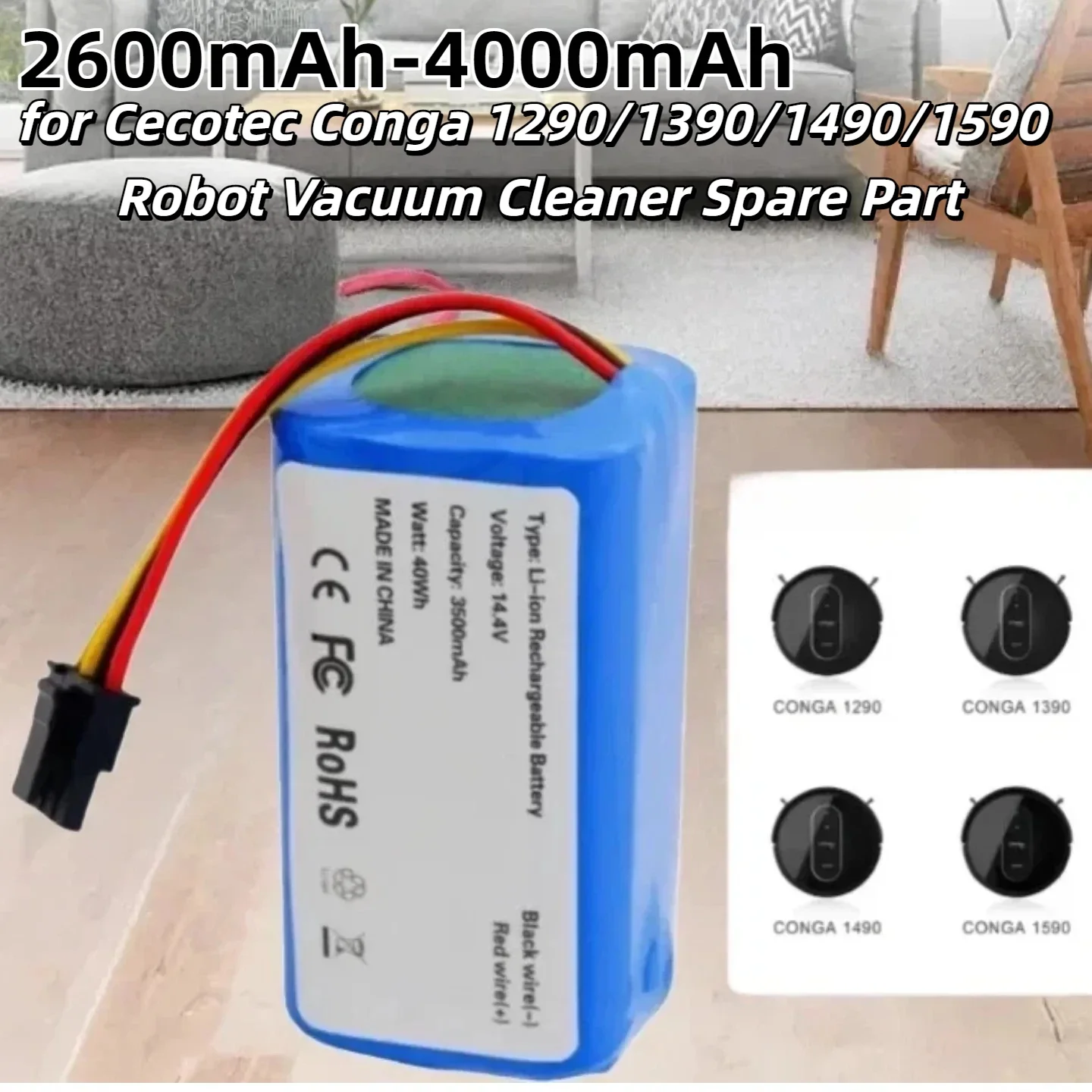 14.4V 2600mAh-4000mAhLithium-ion Battery – Durable Supply for Cecotec Conga 1290/1390/1490/1590 Robot Vacuum Cleaner Spare Part