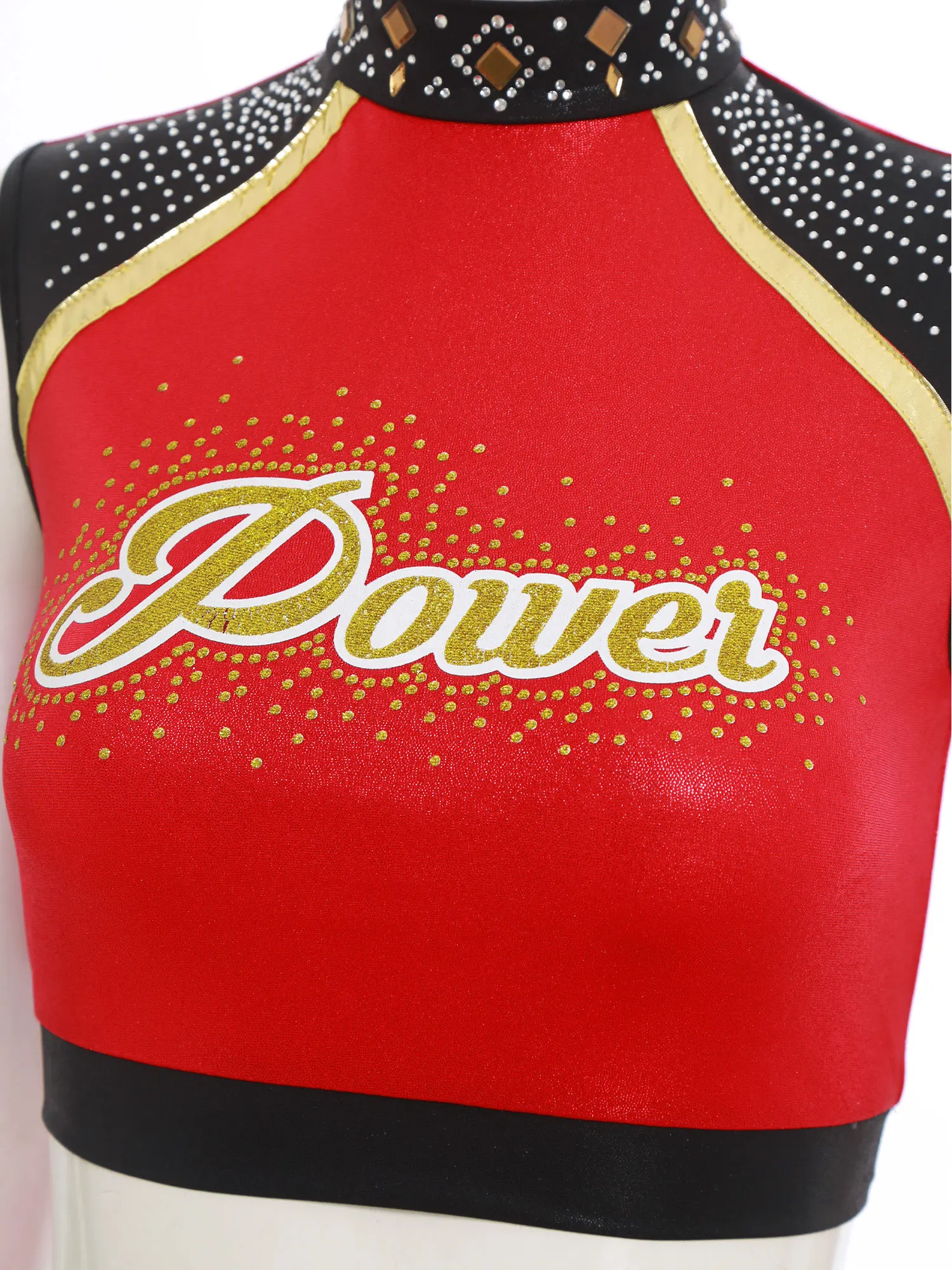Donne Cheerleader Uniforme High Schoolgirls Cheerleader Costume di danza Strass lucido Canotta + Nappe Gonne Pantaloncini Set 2 pezzi