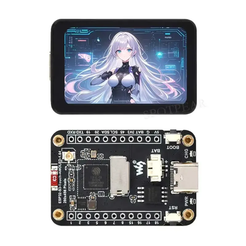 لوحة تطوير ESP32 S3 شاشة AMOLED مقاس 1.64 بوصة شاشة لمس 1.64 بوصة لـ Arduino LVGL مع مستشعر SD-Port/ QMI8658C ذو 6 محاور
