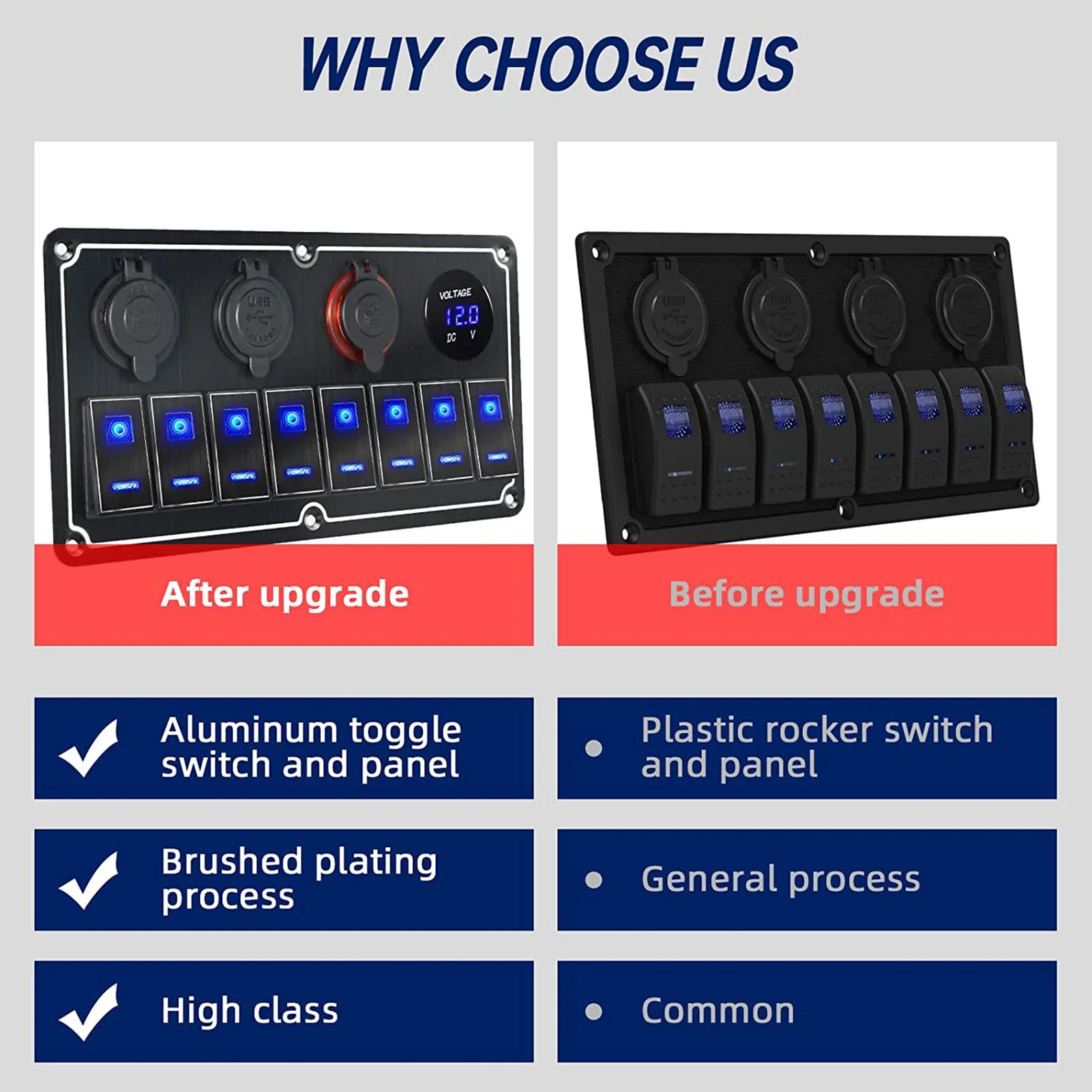 8 عصابة لوحة التبديل الروك 12 إلى 24 فولت 2 المصابيح الزرقاء مع ملصق يدوي الصنع 5 دبوس مقاوم للماء للسيارات RVs اليخوت السفن