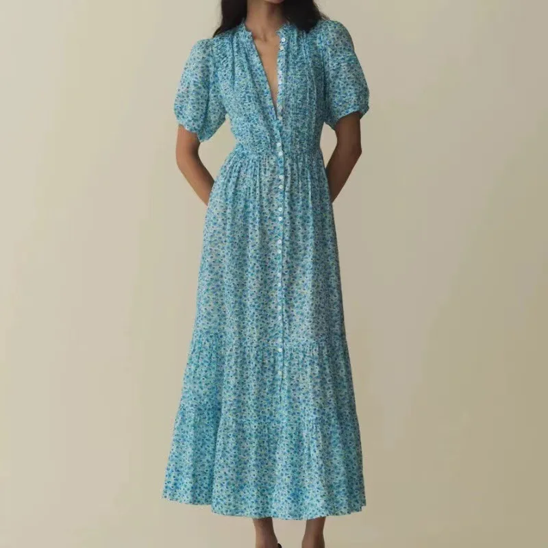 2024 women blue printed dress puff sleeves french style holiday ladies elegant maxi dress