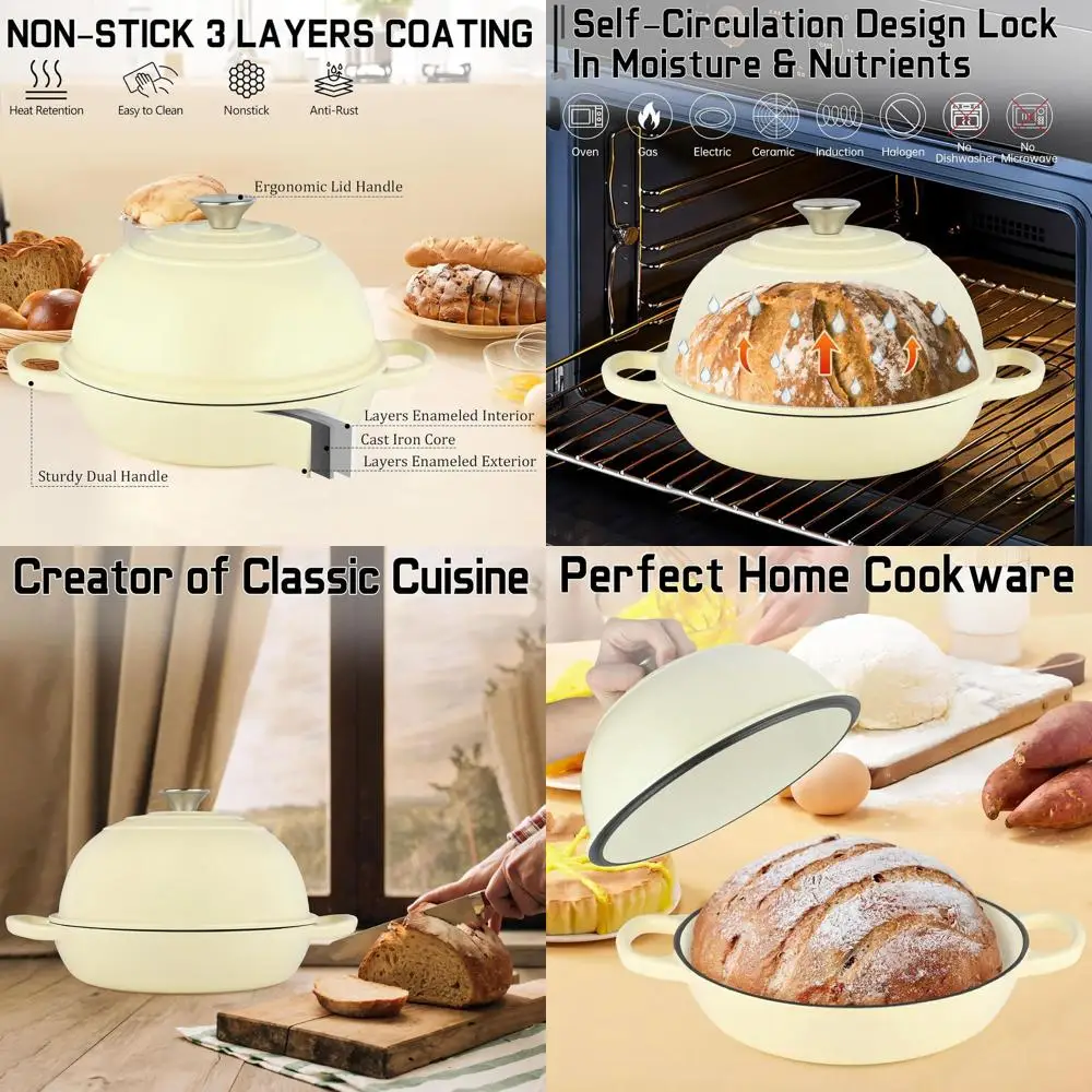 

10 Enamel-Coated Cast Iron Dutch Oven for Sourdough, 6-Quart Bread Baking Pan with Dome Lid, Non-stick Interior for Homemade Bre