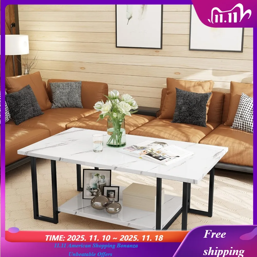 

Marble Coffee Table, Faux Marble Top Rectangular Coffee Table with Black Metal Frame, 2 Tier Living Room Table for Living Room