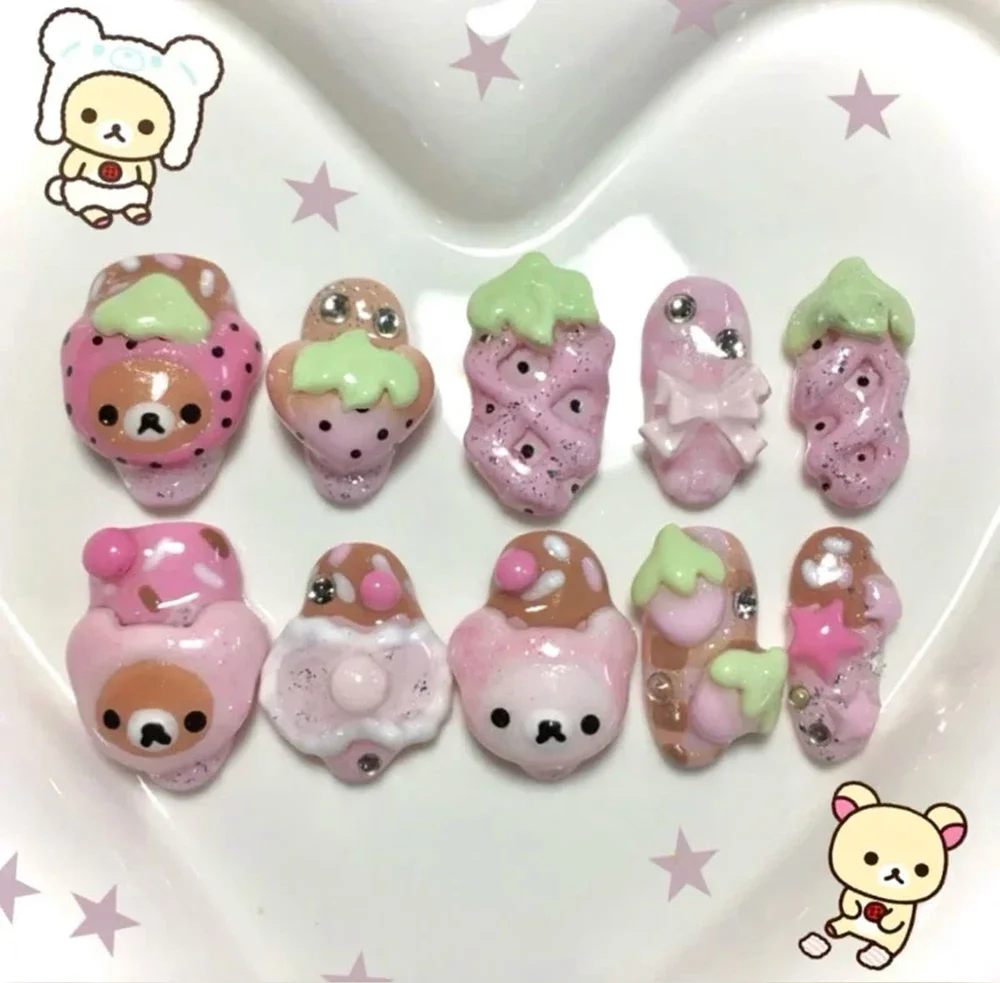 10Pcs Kawaii Rilakkuma 3D 인형 프레스 네일 아트 수제 아몬드 베어 귀여운 맞춤형 가짜 손톱 소녀 파티 생일 선물