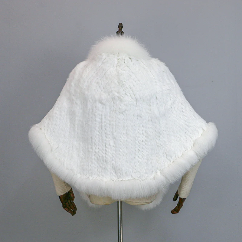 Women 100% Real Rabbit Fur Cape with Fox Fur Collar Winter Warm Knitted Cloak Rabbit Fur Poncho Girls Party Fashion Shawl Scarf