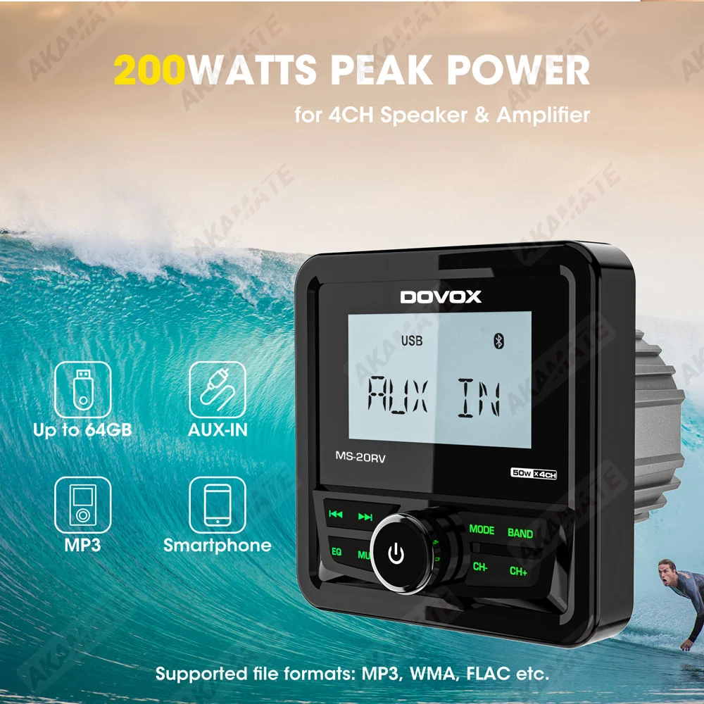 Boat Radio System Media Player Square Marine Radio /Speaker /FM AM Antenna Waterproof Bluetooth MP3 Radio for RV ATV UTV SPA RZR