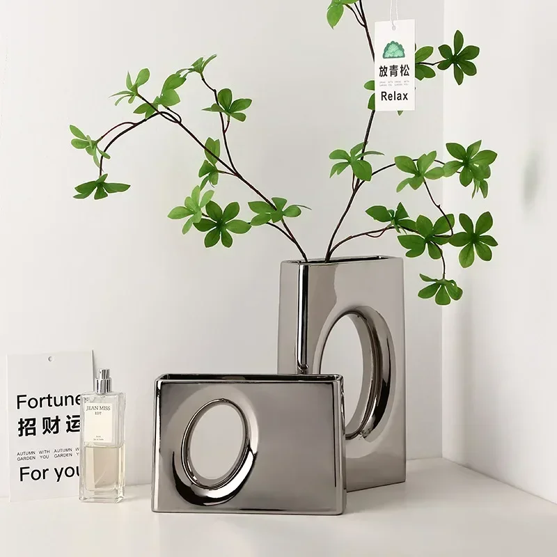 Modern Electroplating Hollow Shape Ceramic Vase Ornament Entrance Living Room Bedroom Desktop Dining Table Home Art Decoration