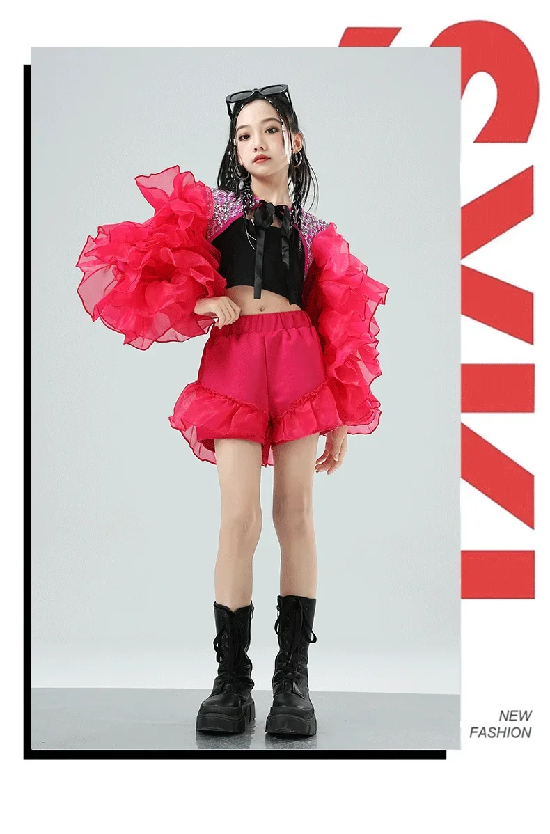 Mädchen Rosa Paillettenkleid mit Puffärmeln Jazz-Tanz Laufsteg-Show-Kostüm Trendiges Kinder-Auftritts-Outfit – Detail 18