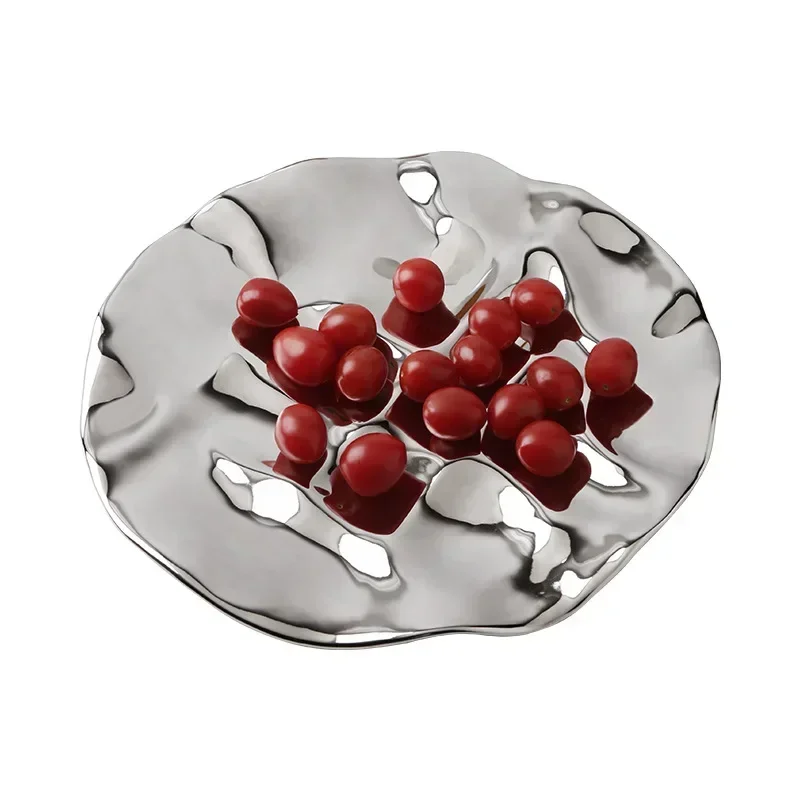 

Light Luxury Silver Fruit Plate:Snack Dishes Ceramic Household Dessert Server Food Advanced Silvered Decorative Tableware