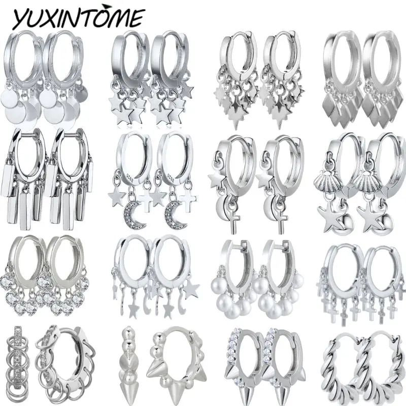 

925 Sterling Silver Needle Stars Moon Cross Circle Earrings Pendant Trendy Fashion Women's Earrings Party Wedding Jewelry Gifts