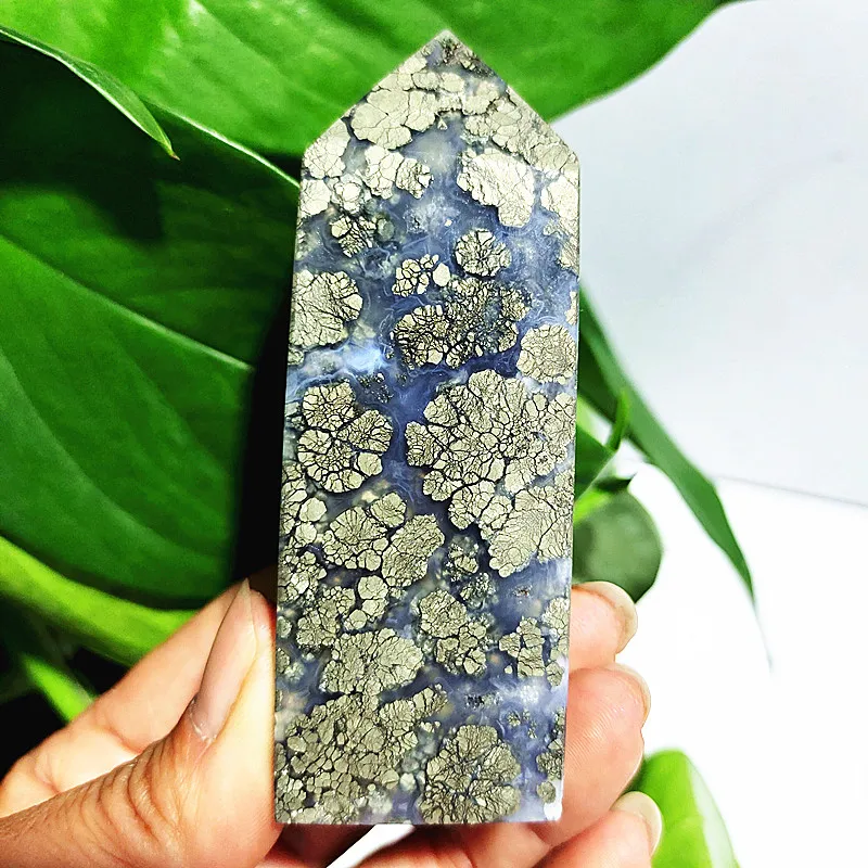 Natural Agate Crystal Tower Stone Wand Point  Room Decoration Agate and Pyrite Mineral Symbiont Ornaments Reiki Healing Crystals