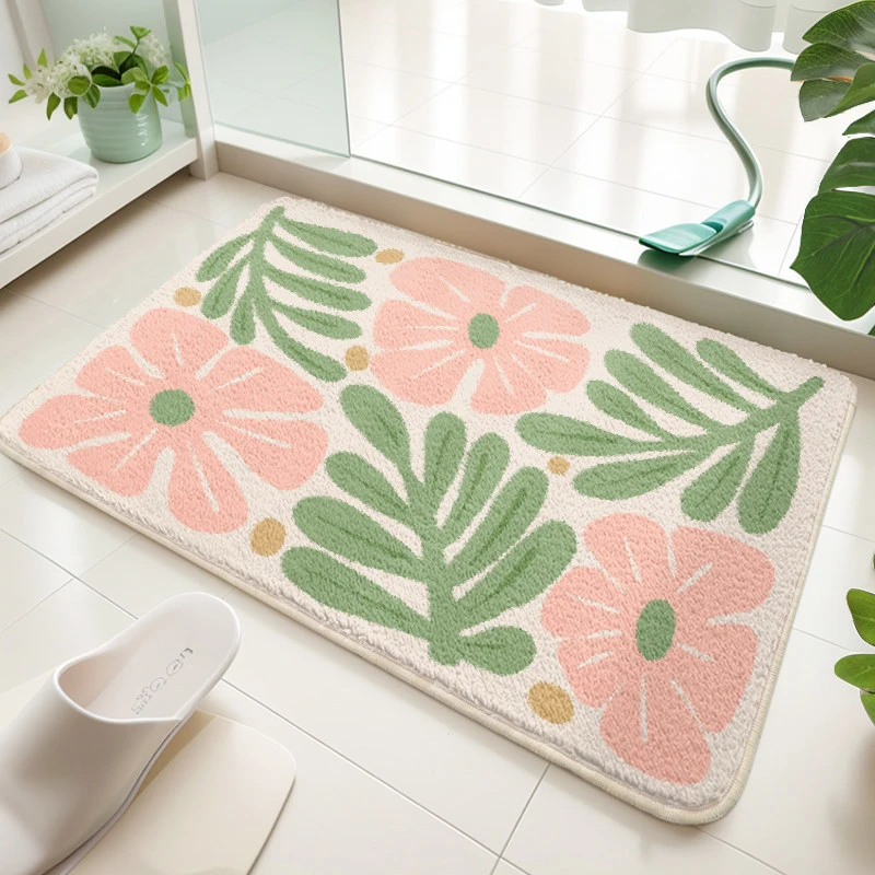 VIKAMA Pink Floral Bath Mat Imitation Cashmere Soft Absorbent Non Slip Flower Leaf Pattern Bathroom Rug Botanical Shower Tub
