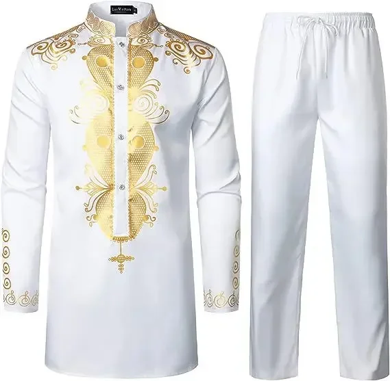 LIBIELIY Abito da uomo Four Seasons Stile etnico africano Abiti ricamati a maniche lunghe Abbigliamento tradizionale da uomo 2 pezzi di lusso