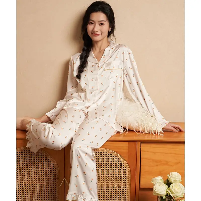 2024 Spring Summer New Ice Silk 2 Pieces Pajamas for Women Cardigan Ruffle Edge Pants Women\'s Pajamas Sweet Printing Loungewear