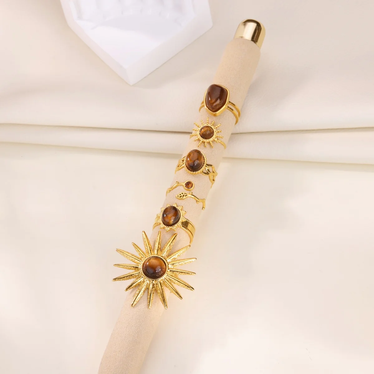 

Vintage Brown Tiger's Eye Stone Open Rings For Women, Gold Color Stainless Steel Sun & Oval Ring, Fashion Autumn/Winter Jewelry