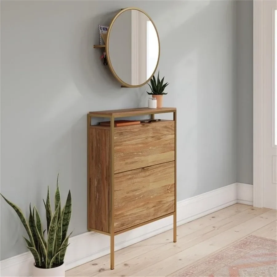 Wall-mount entryway shoe cabinet with mirror for home use, mango wood finish, sindoori color, space-saving design