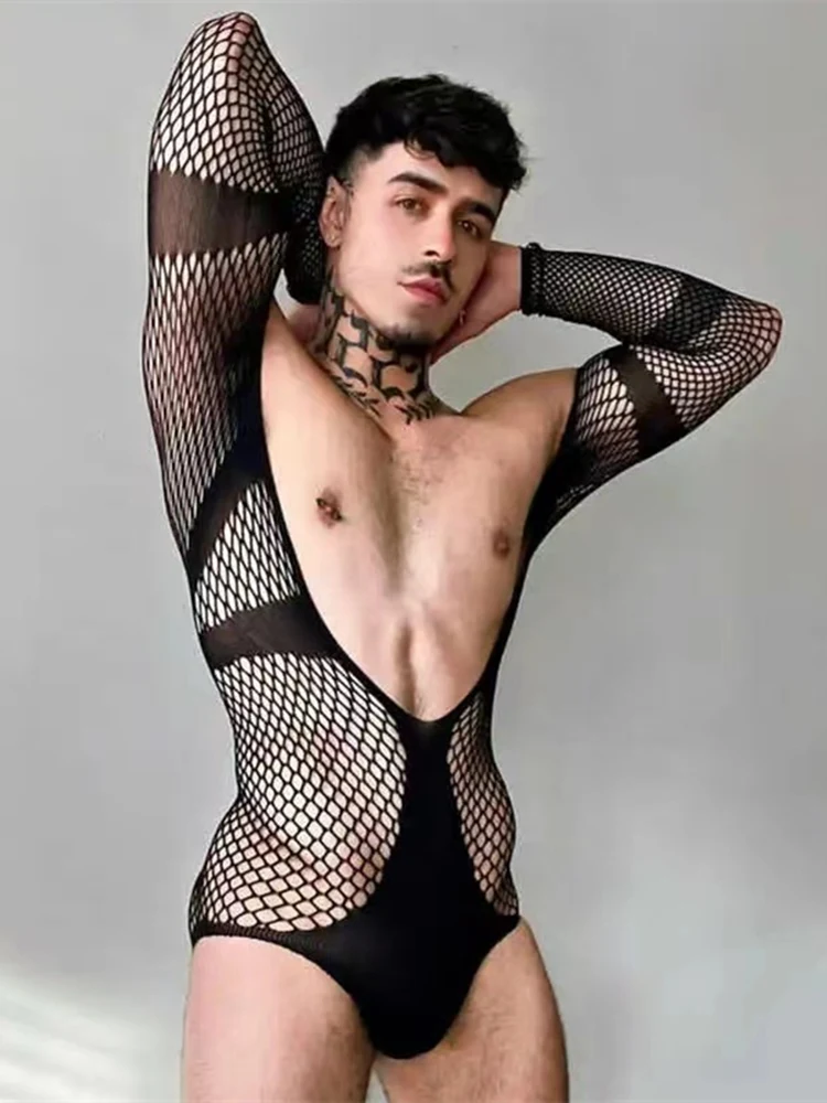 Erotic Black Sexy Bodystockings Men Hollow Fishnet Open Crotch Catsuit Mesh Tights Lingerie Bodysuit Costumes Jumpsuit Teddies