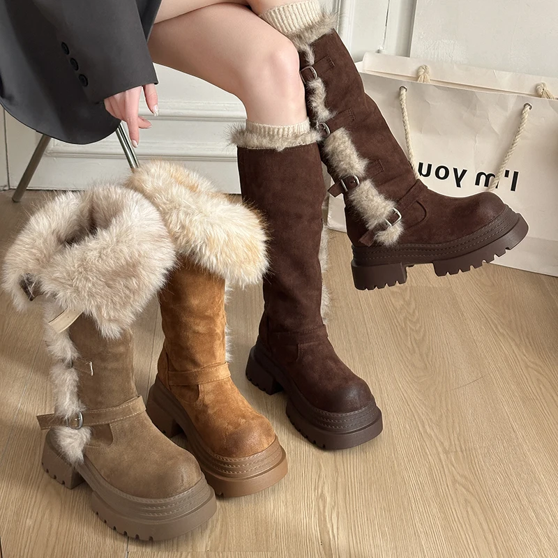 

Зимние женские высокие сапоги на платформе с толстой подошвой и меховой подкладкой, модные туфли для стриптиза с пряжкой на ремне, женские длинные ботильоны