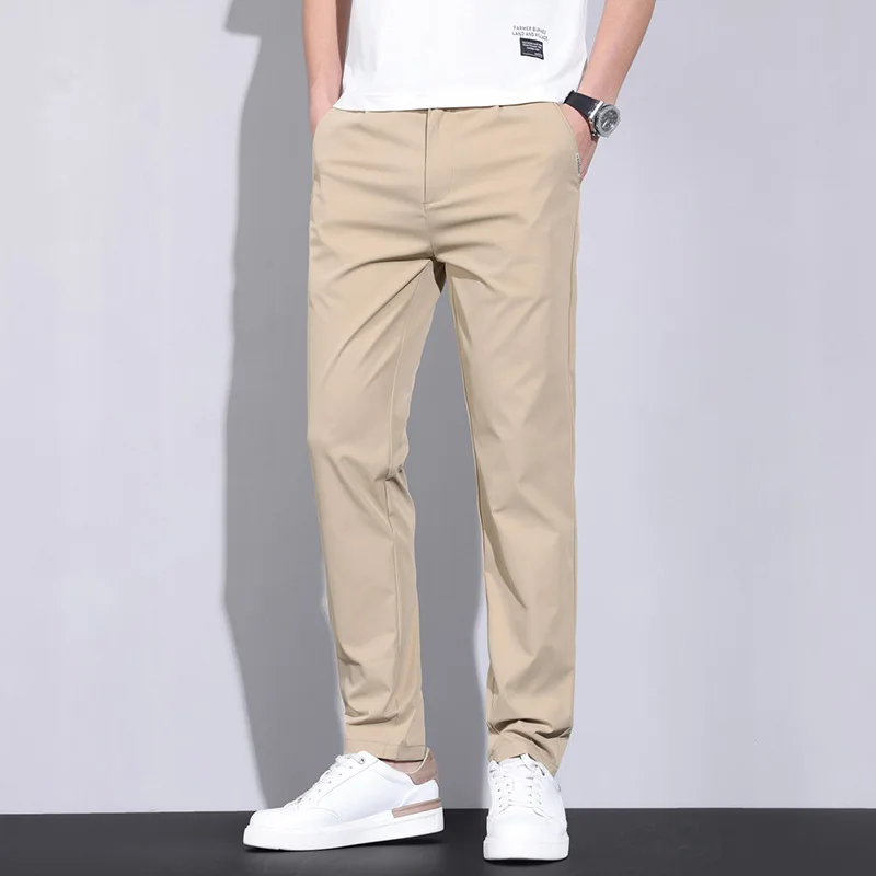 2024 New Summer Ultra-thin Men\'s Ice Silk Casual Pants Soft Comfortable Solid Color Elastic Business Straight Trousers Brand