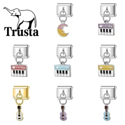 Trusta 2024 New Guitar Piano Moon CZ Charms Italian Links 9mm Bracelet Stainless Steel for Women Girl DIY Jewelry Wholesale N206