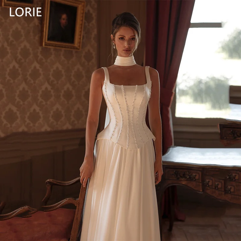 

LORIE Resemble Suit Wedding Dresses Spaghetti Strap Floor-Length Square Collar Bride Prom Gown Beading Bridal Gowns Customized