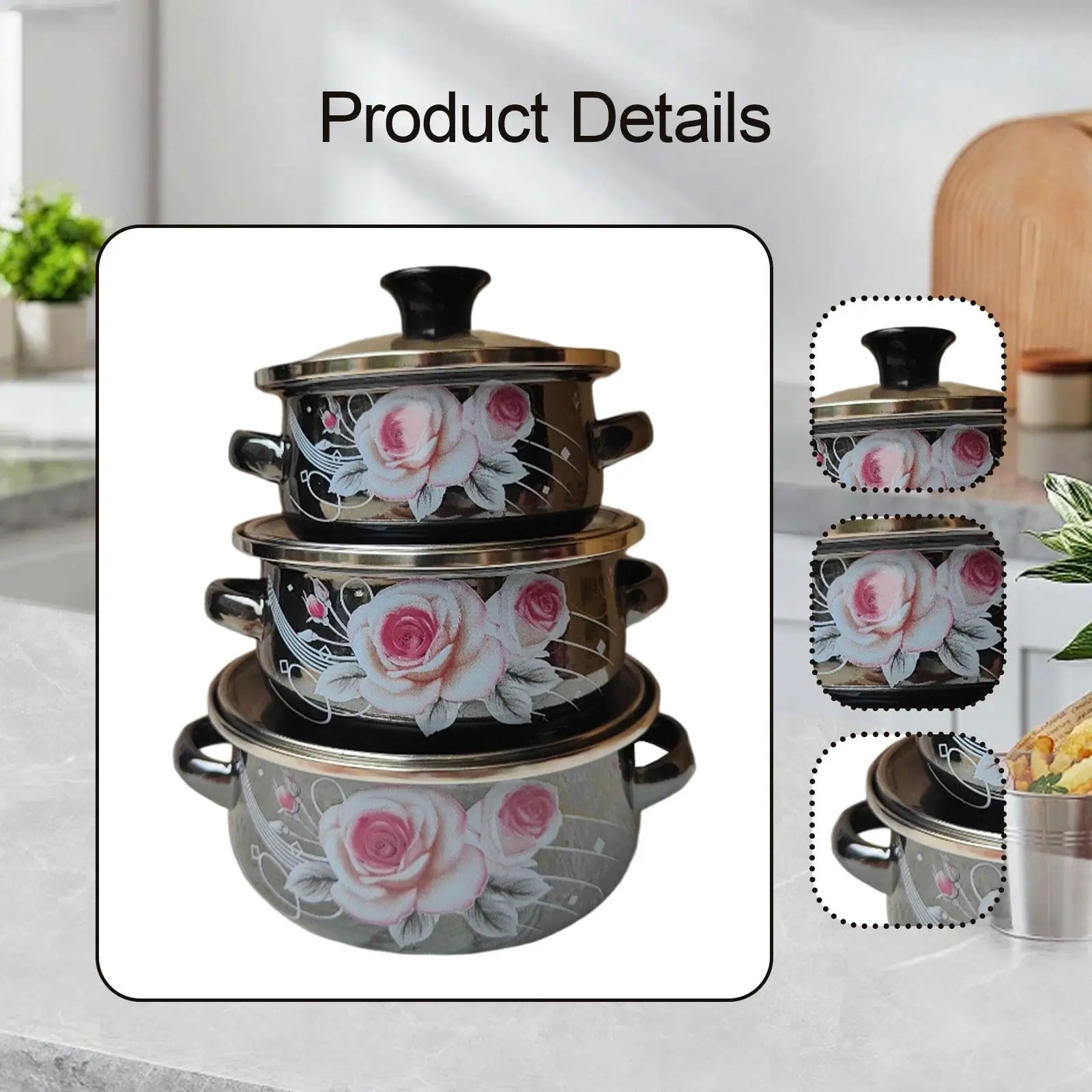 3x أواني المينا أوعية الطبخ الحساء المحمولة مرآة الورد الصقيل المطبخ الحساء
